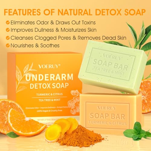 Underarm Detox Soap - 2 Pcs with Turmeric & Citrus, Tea Tree & Mint, Dark Spot Armpit Remover for Women and Men, Eliminating Odor, Natural Exfoliating Bar Soap for Armpit & Whole Body - 10 oz (280g)