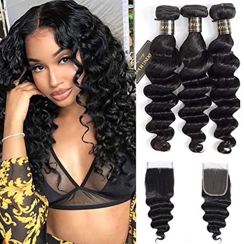 Peruvian Loose Deep Wave Bundles with Closure,(20"22"24"+18Closure) 8A Peruvian Virgin Hair Long Loose Deep Hair Bundles with 4X4 Free Part Top French Lace Closure Natural Black
