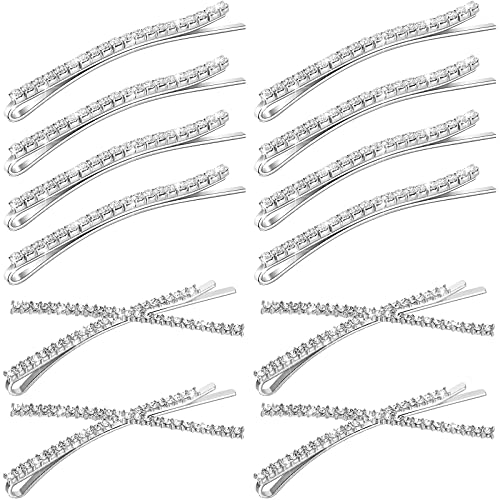 12 Pieces Rhinestone Bobby Pins Decorative Fancy Crystal Hair Clips Shiny Metal X Shaped Barrettes Bling Diamond Wedding Bridal Shower Hair Accessories for Women Ladies Girls (Silver)