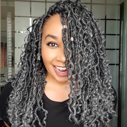 Faux Locs Crochet Hair 14 Inch Goddess Locs Ombre Grey Crochet Hair for Women 6 Packs Gray Soft River Curly Pre Looped Braids with Curly Ends Boho Hippie Synthetic Hair Extensions, 1b/grey