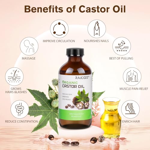 2 Pcs Certified Organic Castor Oil, Natural Oil Cold Pressed in Glass Bottle, Massage Oil, Pure for Hair Growth Eyelashes Eyebrows Lash Serum - Hexane Free, 8 oz Per Bottle