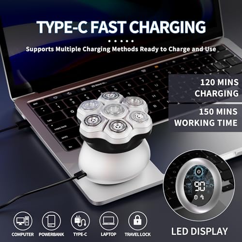 Bald Head Shavers for Men,Magnetic 7D Rotary Electric Shaver Bald Head,Cordless USB-C Rechargeable Face Beard Razors,IPX6 Waterproof Wet/Dry Shaving with LED Display