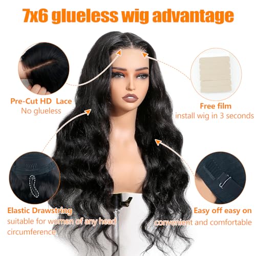CHEETAHBEAUTY 7x6 Glueless Wigs Human Hair Pre Plucked Pre Cut 18 Inch Body Wave Lace Front Wigs Human Hair for Women 7x6 HD Lace Closure Wigs with Elastic Drawstring 200% Density Natural Color