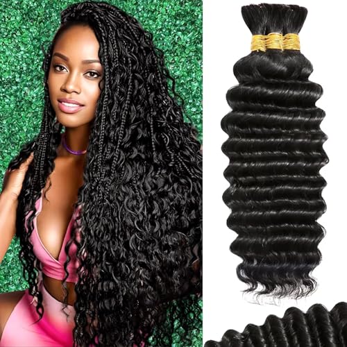 Human Braiding Hair For Boho Braids Deep Water Wave Bulk Human Hair for Braiding 12A Wet and Wavy Curly 100% Human Hair Extensions 3 Bundles 110g Natural Color 20inch