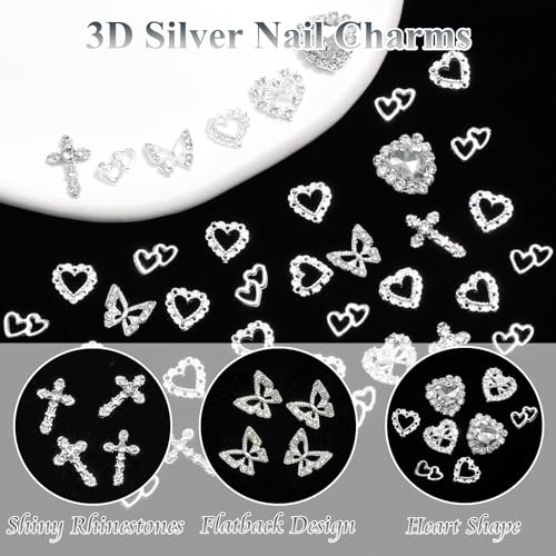 42PCS Silver Nail Charms Crystal Heart Nail Charms 3D Alloy Cross Nail Charms Metal Butterfly Charms Nail Gems Rhinestones for Women Nail Art and DIY Crafts, Small