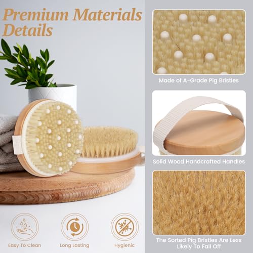 2-Pack Dry Body Brush - Dry Brushing Body Brush for Lymphatic Drainage & Exfoliating, Round Body Brush with Massage Nodes & Natural Bristles for Skin Care