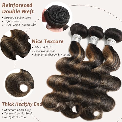 Honey Blonde Bundles Human Hair, Highlighted Black and Blonde Bundles Body Wave Balayage Colored 12A 100% Brazilian Virgin Remy Human Hair 1b/27 Ombre Loose Wavy Sew In Weave 18 20 22 Inch