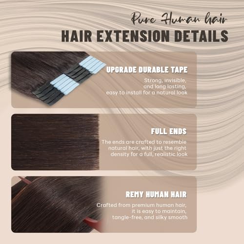 Tape in Hair Extensions Human Hair 18 Inch 50g 20Pcs Remy Human Hair Extensions Invisible Straight Seamless Tape in Extensions (18in, 50g, #2)