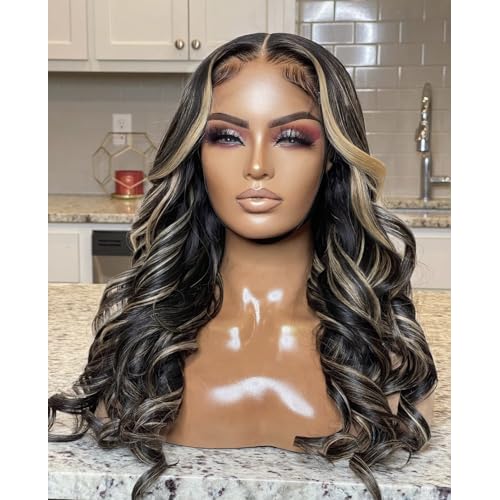 FB/27 28 Inch Highlight Balayage Wig Human Hair 13x4 HD Lace Front Wigs Body Wave Ash Blonde Omber Lace Front Wigs Human Hair Pre Plucked for Black Women 180% Density