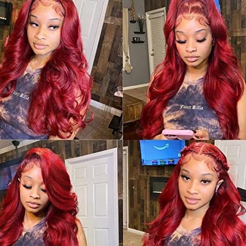 MUPRETTY 30 Inch Burgundy Lace Front Wig, 100% Unprocessed Brazilian Virgin Human Hair, Body Wave, 180% Density, T Part Lace Wig, Natural Hairline