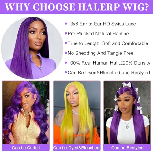 30 Inch Dark Purple Lace Front Wigs Human Hair 200% Density 13x6 Straight Lace Front Wigs Human Hair Colored Pre Plucked Purple Lace Frontal Wig with Baby Hair Natural Hairline