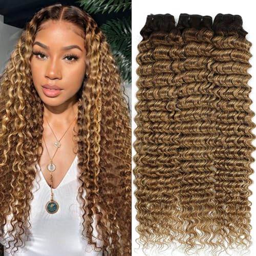 Ombre Deep Wave Bundles Human Hair T4/27# Brown to Honey Blonde Color Deep Wave Human Hair 3 Bundle for Women 12A Curly Bundle (24 24 24 Inch)