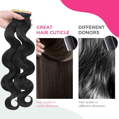 Lashey Human Hair Tape in Hair Extensions 40pcs 100g Natural Black Body Wave Real Human Hair 24 Inch Long Hair Skin-Weft Tape in Hair Extensions for Women