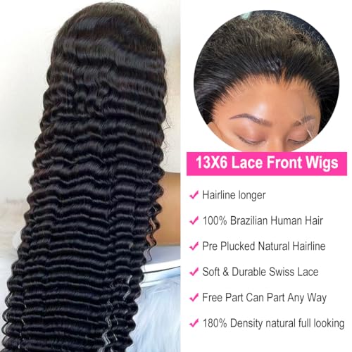 13x6 Deep Wave Lace Front Wigs Human Hair Pre Plucked Deep Curly HD Lace Frontal Wigs Human Hair 180 Density Lace Frontal Wigs for Women Glueless Wigs 26 Inch