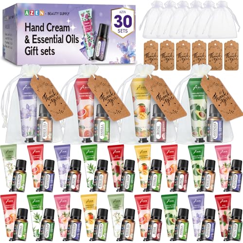 AZEN 30 Sets Bulk Gifts, Hand Cream and Essential Oils Bulk Set with Organza Bag Thank You Card, Baby Shower Wedding Gifts for Guests, Bridal Wedding Favors for Guests,Thank You Gifts for Women