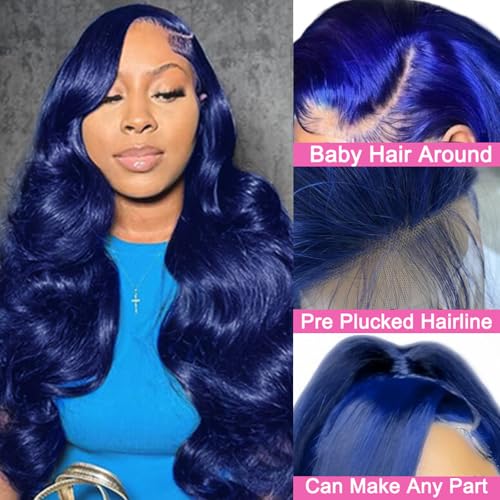 Dark Blue Lace Front Wigs Human Hair Pre Plucked 180% Density 26 Inch Body Wave HD 13x4 Lace Front Pre Plucked Dark Blue Human Hair Wigs with Bleached Knots Natural Hairline