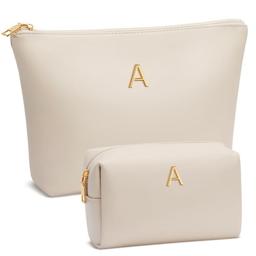 CLOUDWINGS Women Gifts | Initial Makeup Bag Set for Girl Personalized Gifts for Bridesmaid Friend Graduation Teachers PU Leather Cosmetic Travel Toiletry Bag(Beige,A)
