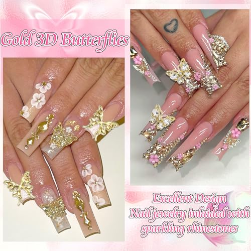 RODAKY 120pc Butterfly Nail Charms - Gold 3D Butterflies with Rhinestone Mixed Size Y2K Nail Decoration for Women's Manicure Design DIY Craft Embellishment