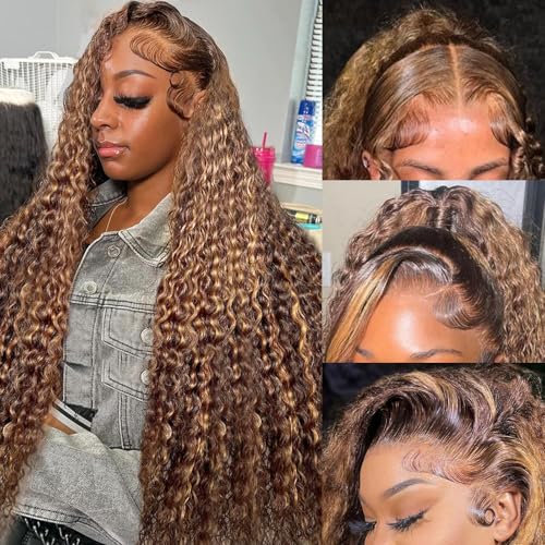 26 Inch Highlight Ombre Lace Front Wigs Human Hair P4/27 Honey Blonde Deep Wave 13x6 HD Lace Front Wigs 200 Density Pre Plucked with Baby Hair Glueless Frontal Wigs for Women
