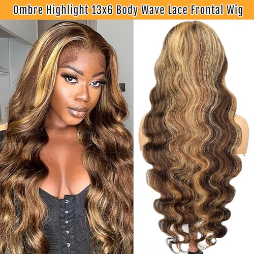 Sheeep Honey Blonde Ombre Lace Front Wigs Human Hair 4/27 Highlight 13x6 Body Wave Lace Frontal Wigs 200 Density HD Glueless Wigs Human Hair for Women 28 Inch