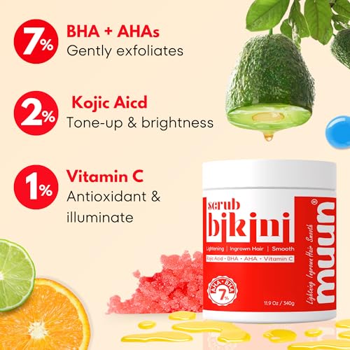 Muun Bikini Area Exfoliator, 2% Kojic Acid Vitamin C & 7% AHA/BHA Even Skin Tone & Ingrown Hair - Underarm Scrub - Radian, Smoothe & Soften Body Scrub