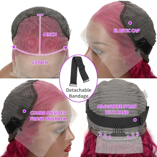 Burgundy Lace Front Wigs Human Hair Wigs for Black Women 13x4 Transparent Lace Frontal Wig 99j Deep Wave Wigs Glueless Wet And Wavy Red Colored Curly Human Hair Wig Pre Plucked (26 Inch)