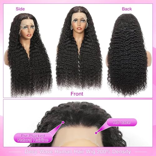 Deep Wave Lace Front Wigs Human Hair 13x6 HD Transparent Lace Front Wigs Human Hair 250% Density Deep Curly Human Hair Wig Pre Plucked Deep Wave Frontal Wigs Natural Color 32 Inch
