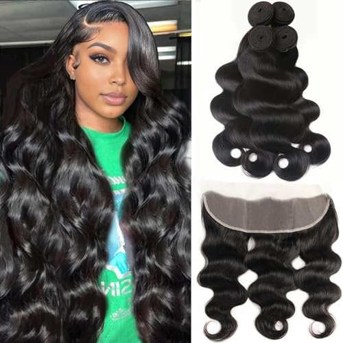 12A Body Wave Human Hair Bundles with Frontal Closure, 4 Bundles (18 18 18 18 18) +16"HD Lace Frontal (13x4 Free Part),Virgin Remy Hair Natural Color