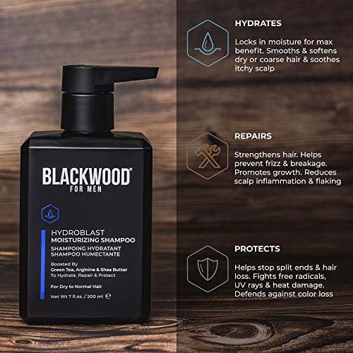 Blackwood For Men Hydroblast Moisturizing Shampoo - Men's Shampoo for Coarse, Dry, & Curly Hair-Infused with Ginseng & Ginger - Natural Vegan Formula -Sulfate Free, Paraben Free & Cruelty Free (7 Oz)