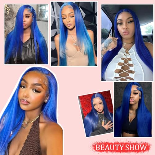 30 Inch Blue Lace Front Wigs Human Hair Straight Frontal Wigs Dark Blue 13x4 Hd Lace Front Wig Wear and Go Glueless Frontal Wigs Human Hair Pre Plucked With Baby Hair Royal Blue Colored Wigs for Women