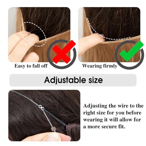 SARLA Invisible Wire Hair Extensions with 3 Clips Long Synthetic Wavy Curly Hairpiece Adjustable Transparent Headband for Women 18 Inch Ash Medium Brown/Ash Blonde Highlights