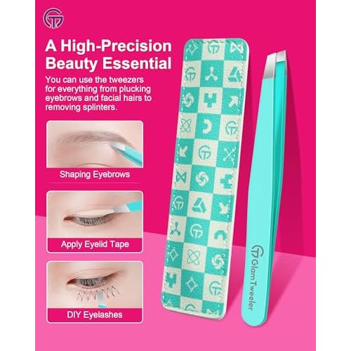 Expert Eyebrow Hair Removal Tweezer with Leather Case, GlamTweeler High Precision Slant Tip Stainless Steel Tweezers for Men and Women (Robin's Egg Blue)