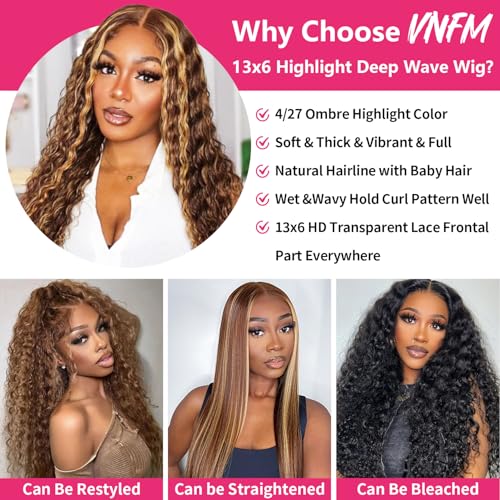 20 Inch Ombre Highlight Deep Wave Lace Front Wig Human Hair 13x6 HD Honey Blonde Lace Frontal Wigs 200 Density 4/27 Glueless Curly Wigs Human Hair For Women