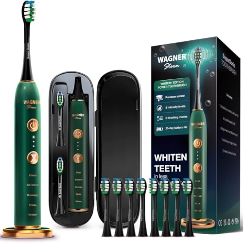 Wagner Stern WT8900 Series Electric Toothbrush ? Whitening & Pressure Sensor, 5 Modes, 3 Intensities, 8 Soft Brush Heads, Rechargeable, Travel Case Included