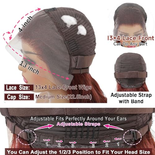 28 Inch Reddish Brown Body Wave Lace Front Wigs - Human Hair, 180% Density, Pre-Plucked with Baby Hair, Glueless Frontal Wigs - Auburn Copper Red Colored Wigs for Women