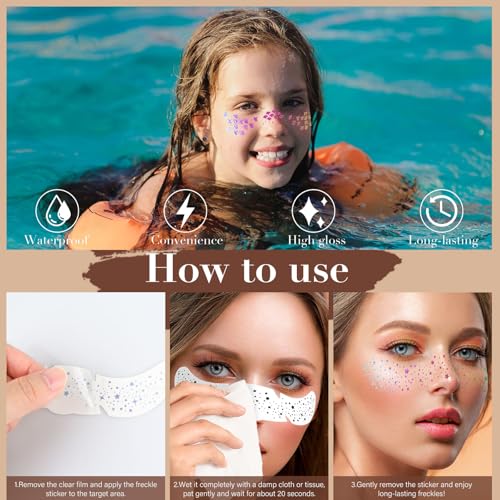 Holographic Glitter Freckles Face Tattoo 8 Pcs Waterproof Temporary Face Sparkle Patches for Women, Face Glitter Makeup Freckles Mix of Mermaid Scales Hearts Speckles Stars Dots, Cool Party Supplies