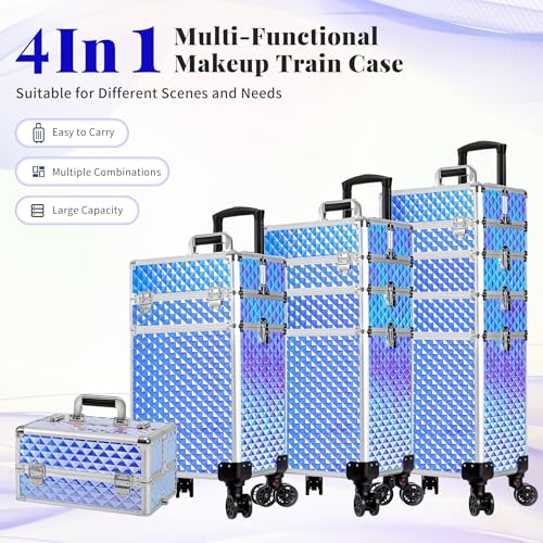 AROUS Rolling Makeup Train Case 4 in 1 Cosmetology Case on Wheels Large Storage Cosmetic Trolley with Key Salon Barber Case Traveling Cart Trunk, Colorful