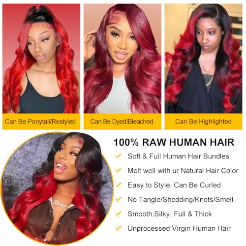QTHAIR 1B/99J/Red Ombre Body Wave Human Hair Bundles 16A Grade 3 Tone Black Red Human Hair Body Wave Bundles 14 16 18Inch Unprocessed Virgin Hair Bundles Body Wavy Bundles
