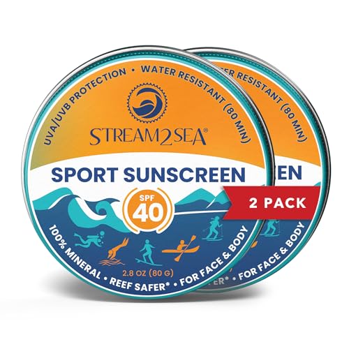 STREAM2SEA SPF40 Unscented Reef Safe Mineral Sport Sunscreen in Tin with 20% EcoSafe Zinc for Face & Body, Natural Organic Biodegradable Non Toxic Coral Reef Safe Sunscreen, Travel Size, Mineral Based