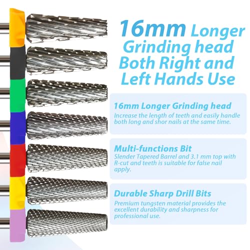 16mm 5 in 1 Tapered Barrel Nail Drill Bits, 3/32'' Safety Tungsten Carbide Bits for Professionals, Right & Left Rotation, Manicure Cuticle Gel Acrylic Removal Polishing, Technicians Bits, Double Fine.