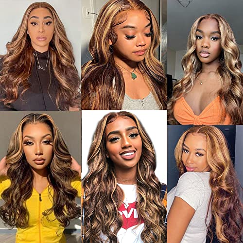 Highlight Ombre 13x4 HD Lace Front Wig Human Hair Pre Plucked Transparent 4/27 Honey Blonde lace frontal Wigs with Baby Hair 150% Density Colored Body Wave Lace Front wig Human Hair 30 Inch