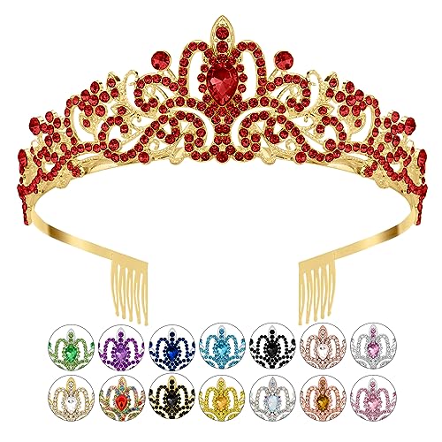 Red Crown Crystal Tiaras for Women Rhinestone Headbands for Girl Happy Birthday Princess Goddess Crown with Combs Elegant Headdress Decorations Bridal Wedding Prom Party Costumes Gift