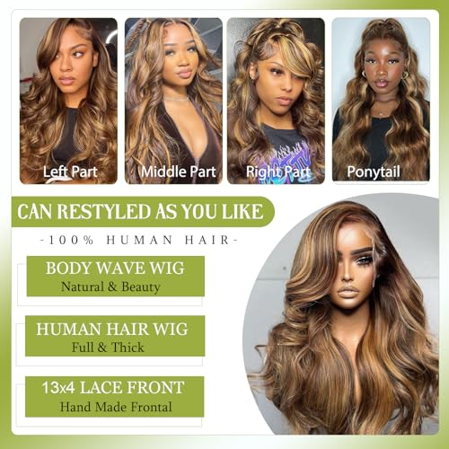 Ombre Lace Front Wigs Human Hair 13x4 Highlight 4/27 Body Wave Wig Pre Plucked Honey Brown Blonde Wig Human Hair with Free Part 180% Density Glueless Colored Wig for Women 32 Inch