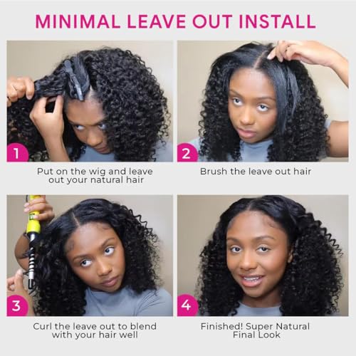 Domiso Afro Kinky Curly V Part Wig Human Hair Pre-Minimum Leave Out Upgraded V Part Wigs with Anti Slip Elastic Band and Removable Clips for Secure 20 Inch