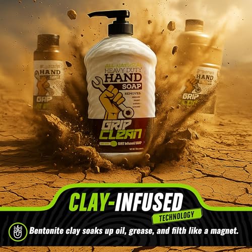 Grip Clean Heavy Duty Hand Cleaner for Mechanics – Natural Pumice & Clay-Infused Technology Removes Grease, Oil & Grime – Moisturizing Liquid Hand Soap for Shop, Garage & Industrial Use – 32oz