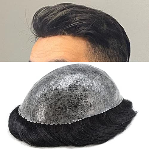 Toupee for Men Thin Skin PU Injection Mens Wig Unit Real Natural Human Hair Piece Mens Replacement System (1B# Natural Black)