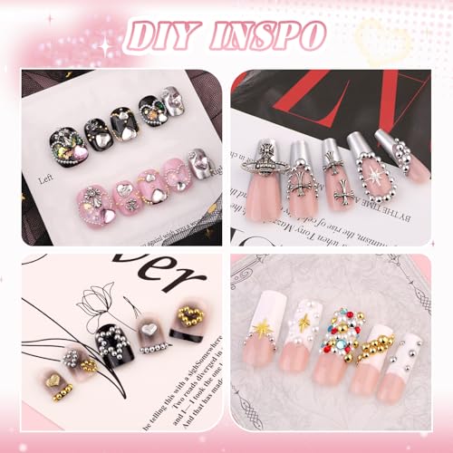 Flatback Pearls and Metal Nail Beads for Nail Art (Silver+Gold), Luxurious Pearl Nail Charms and Small Round Caviar Beads Nail Accessories for Acrylic Nail Tips Manicure Decor