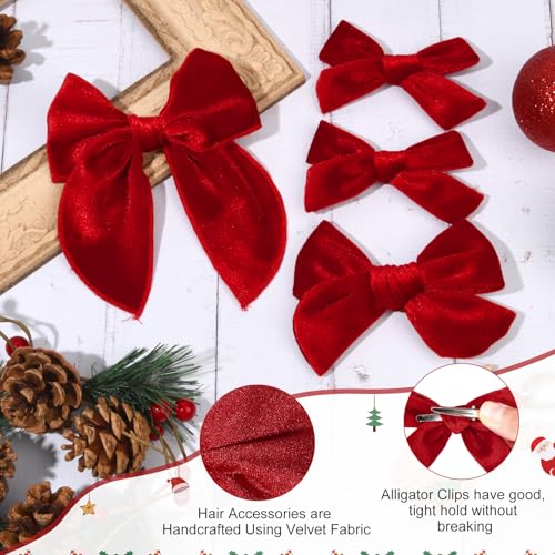 DEEKA 4 PCS Red Velvet Hair Bows 3 Styles 5" & 4" Handmade Hair Bow set for Toddler Girls Alligator Hair Clips Knot Bows Hair Accessories for Little School Girls (Red)
