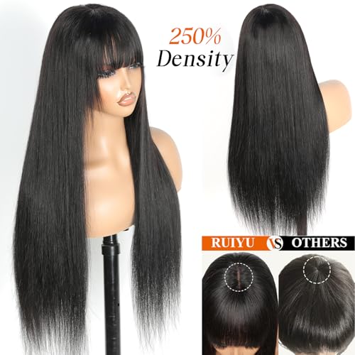 Ruiyu 250 Density 2x4 HD Lace Front Wigs Human Hair Wigs with Bangs for Black Women Straight Wear and Go Glueless Lace Closure Wigs for Beginners 100% Brazilian Virgin Human Hair Middle Part 20 Inch