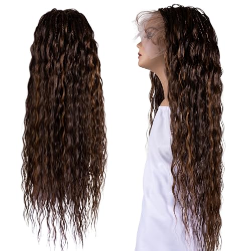 Micro Boho Indian Ripple Deep Wave Box Braided Wig - Knotless Braided Wigs for Black Women - Curly Hair Wig with Natural Baby Hair - Full Lace 360 Wig (#T42730 Highlight Mix, 32¡±)